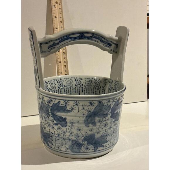 Vintage Japanese Blue & White Vase Chinoiserie Glazed Water Bucket RARE